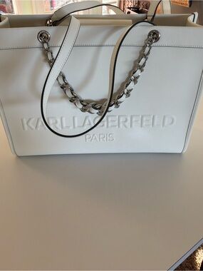 Karl Lagerfeld White Leather Tote with Chain-Strap Detail